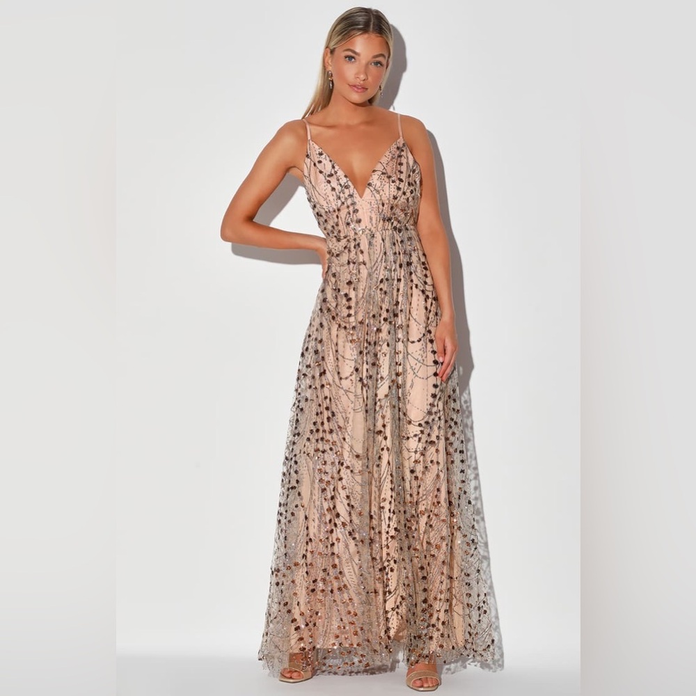 Lulu’s Luminous Night Taupe Glitter Sequin Maxi Dress, Size M, NWT